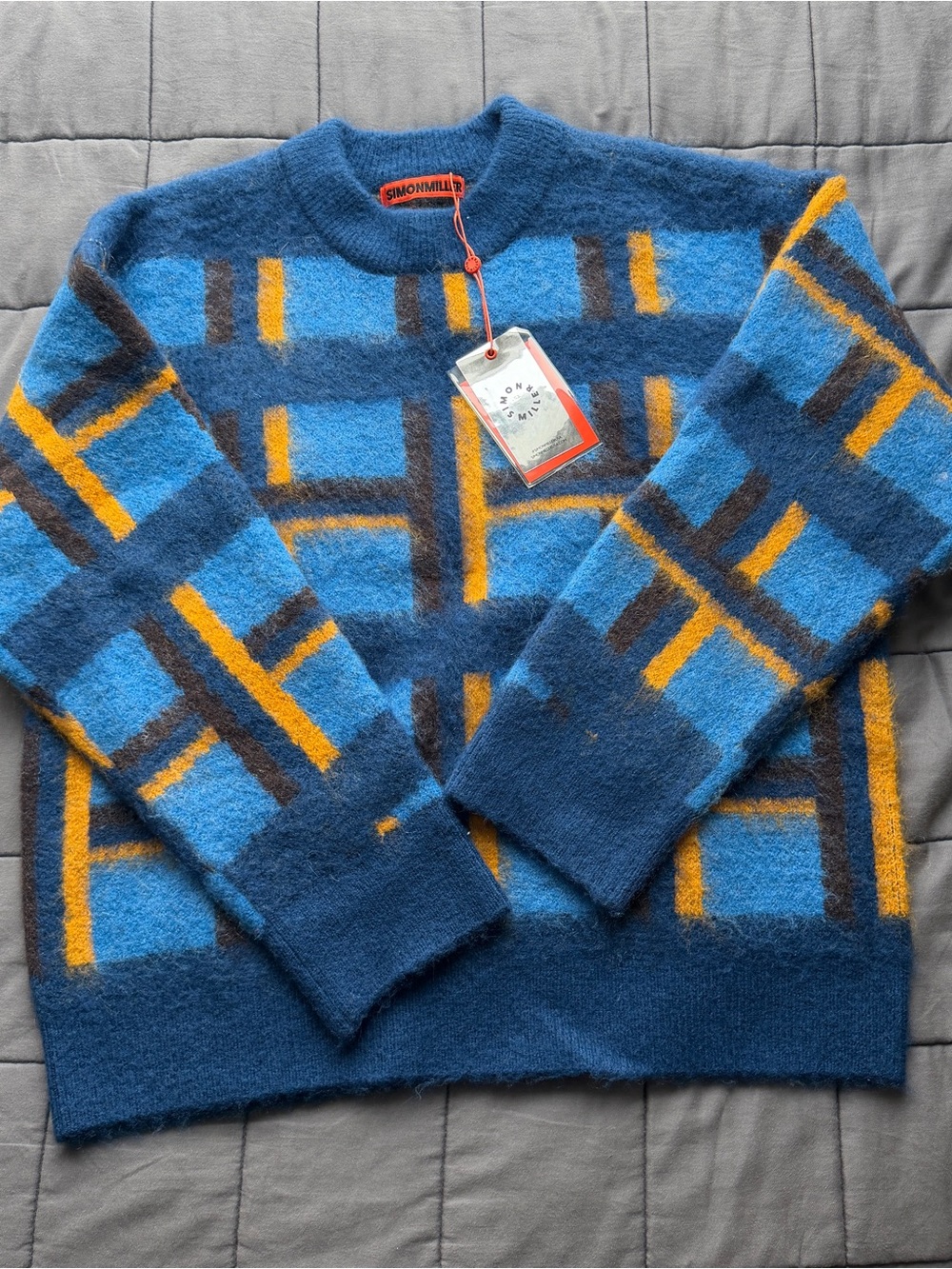 Simon Miller CALDER KNIT SWEATER IN TONAL BLUE PLAID
